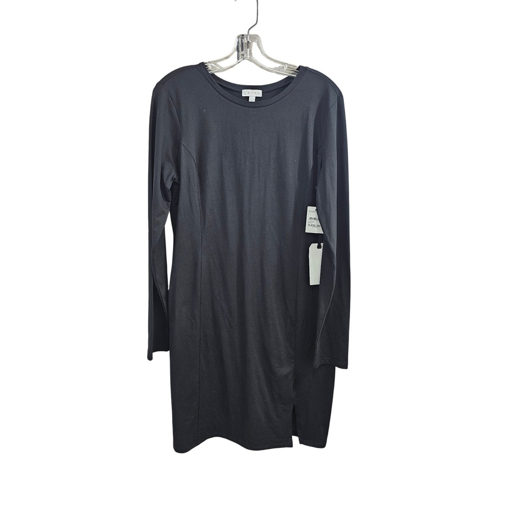 Leith Womens Easy Fit Long Raglan Sleeve Jersey Dress Large Black Casual Slit W